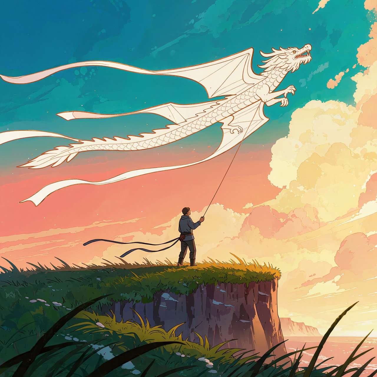 Cel-shaded anime illustration of an adult kite maker testing a vast translucent dragon-shaped kite on a windy coastal bluff, ribbons streaming above wild grasses and distant cliffs. Palette of coral, turquoise, butter yellow, and deep blue, with clean contours and a luminous sky. — Kling v3