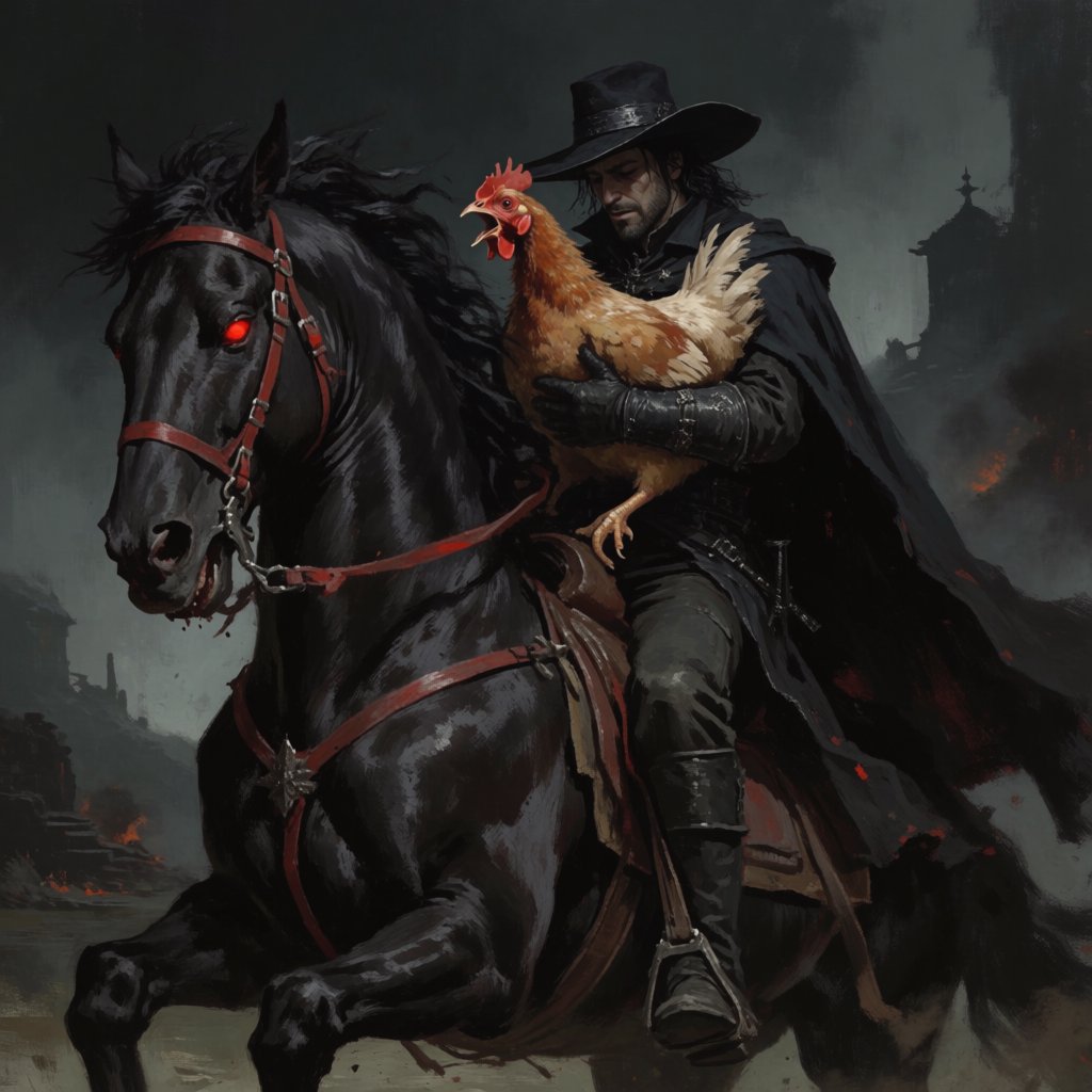 A man riding a horse, holding a screaming chicken, in dark gothic fantasy. — Krea 2 Medium