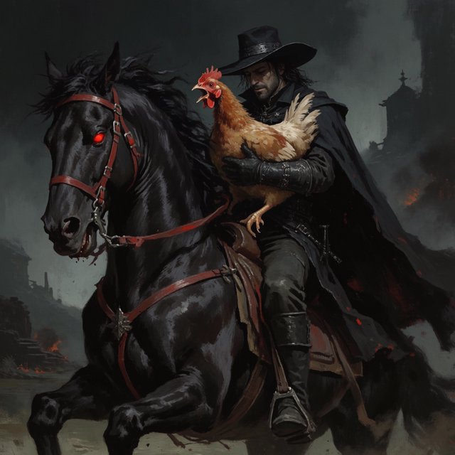 A man riding a horse, holding a screaming chicken, in dark gothic fantasy. — Model 12
