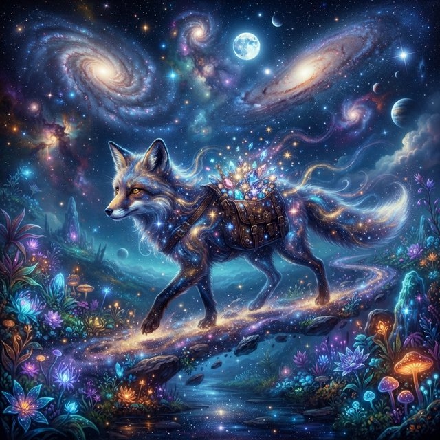 A celestial fox made of stardust and nebulae, carrying a satchel overflowing with glowing cosmic jewels, journeys through an ethereal dreamscape. Swirling galaxies and bioluminescent flora fill the background. The scene is rendered in a surreal, photorealistic style, emphasizing intricate details and a sense of infinite wonder. — Nano Banana 2 Lite