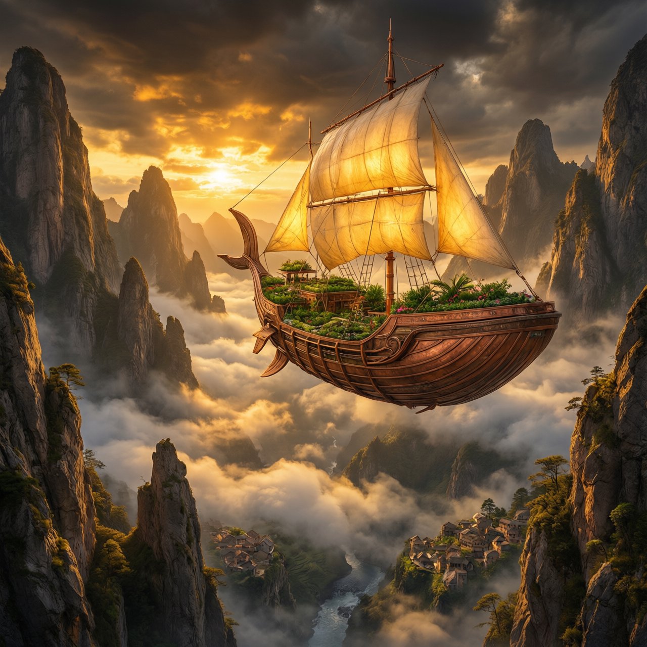 A vast, whale-shaped sky barge sails between mountain spires, its copper ribs supporting gardens and glowing sailcloth. Below, cloud rivers curl around tiny cliff villages as sunset pours through storm breaks, outlining the vessel in molten gold. — Qwen Image 3.0 Pro