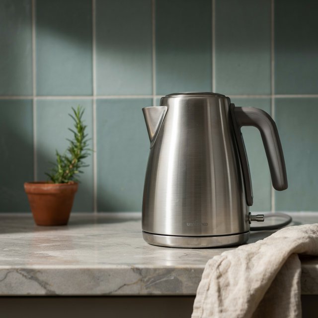 Morning daylight spills across a kitchen counter, revealing an unbranded electric kettle in satin stainless steel with a ribbed heat-resistant polymer handle. It sits on honed limestone against a muted sage backsplash, with window light and white bounce fill; commercial product image, no lettering. — Ideogram v4