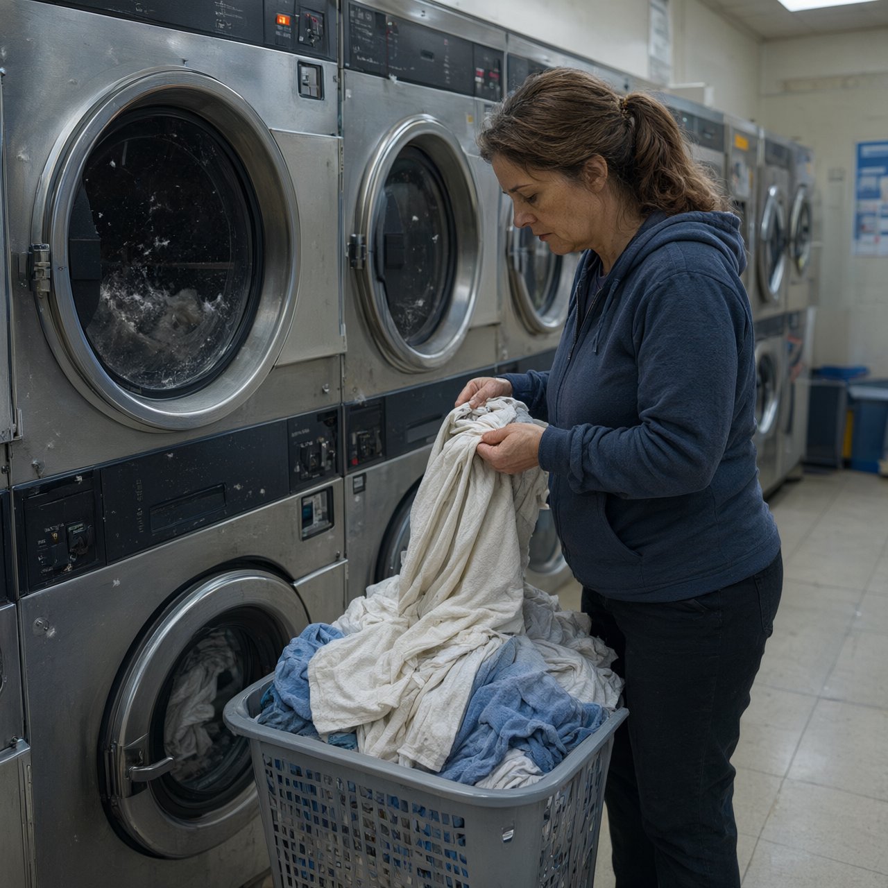 Candid documentary photograph of an adult sorting laundry in a neighborhood laundromat, cool fluorescent light, 35mm lens with moderate depth of field, lint specks floating near a tumbling dryer door. — Qwen Image 3.0 Pro