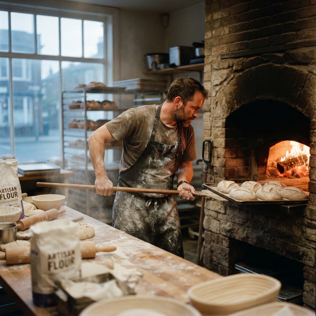 Candid documentary photograph of an adult baker sliding a tray of bread into a neighborhood bakery oven, warm oven glow mixing with gray dawn window light, 35mm lens with moderate depth of field, flour dust suspended above the workbench. — Nano Banana 2 Lite