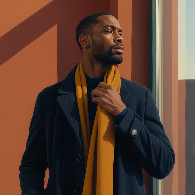 Editorial portrait of an adult Black man in his 30s wearing a deep navy wool overcoat and mustard scarf, fingers adjusting the scarf, thoughtful expression, muted terracotta studio backdrop, crisp cool window light. — Midjourney Niji 7