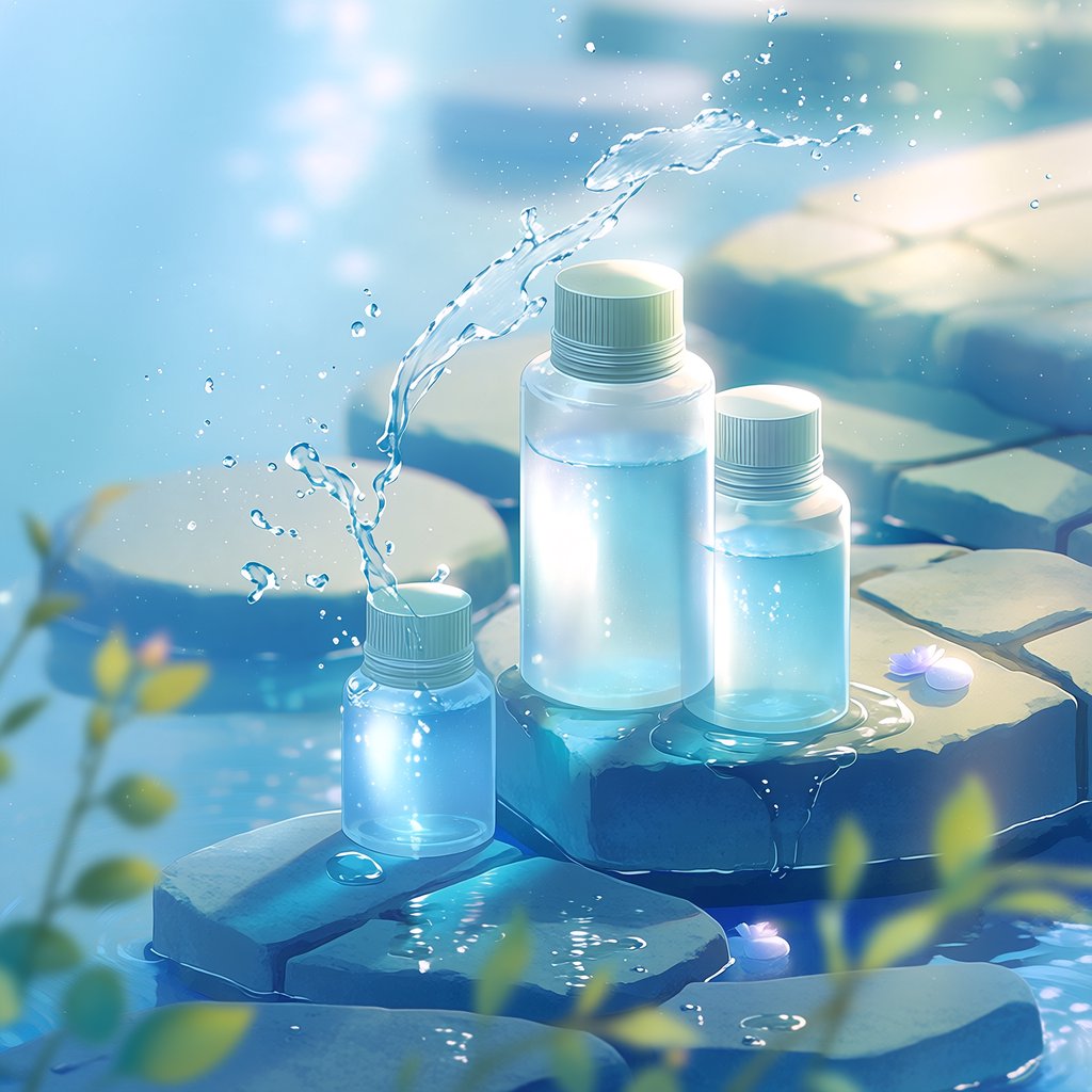 Three frosted glass skincare bottles on a wet stone surface with a splash of water, morning light, shallow depth of field. — Midjourney Niji 7