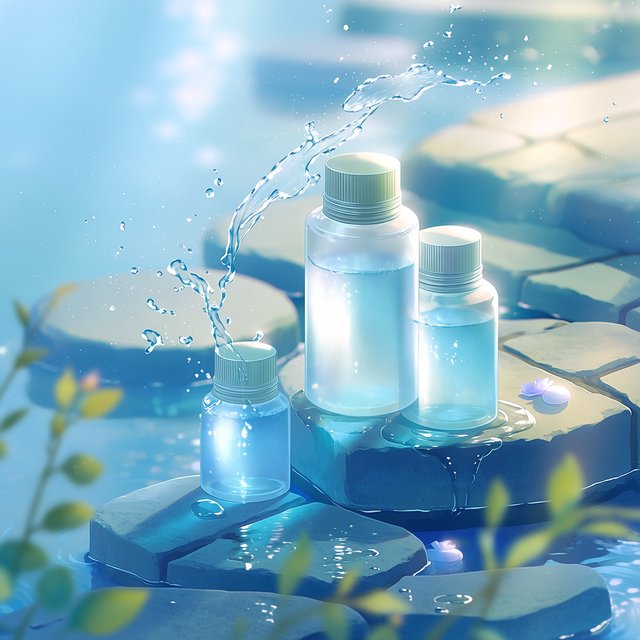Three frosted glass skincare bottles on a wet stone surface with a splash of water, morning light, shallow depth of field. — Midjourney Niji 7