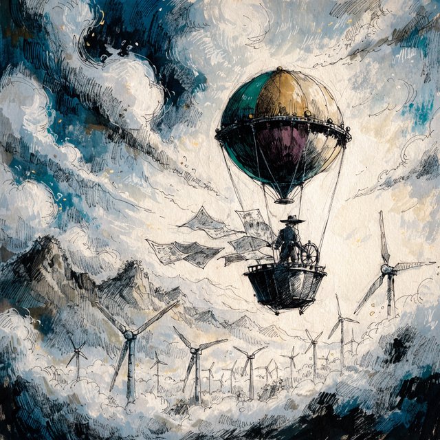 Ink-and-gouache illustration of an adult cartographer steering a small airship above a cloud-filled mountain valley, maps fluttering from the cabin and wind turbines turning below. Palette of emerald, ochre, plum, and cream, with lively linework and atmospheric washes. — Recraft v4