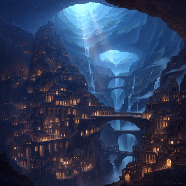 An ancient city carved inside a hollow mountain glows with windowlight, its terraced bridges spanning a blue-lit cavern while mineral mist rises around distant waterfalls and a narrow beam of sunrise reaches the deepest plaza. — Midjourney Niji 7