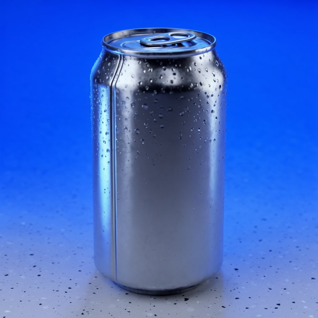 A slim, unbranded sparkling-water can of brushed aluminum, beaded with condensation, stands on a pale terrazzo surface against a seamless electric-blue background; broad overhead diffusion and a crisp side strip create clean highlights, with no lettering or graphics. — Krea 2 Large