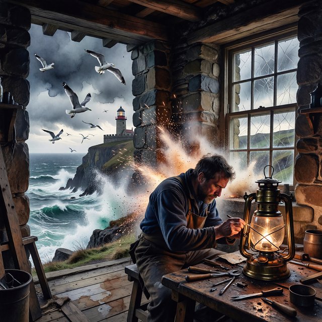 Ink-and-watercolour illustration of an adult lighthouse keeper repairing a brass lantern inside a windswept cliff tower, gulls circling beyond the window and sea spray glowing below. Palette of navy, rust, seafoam, and warm ivory, with expressive linework. — ImagineArt 1.5 Pro