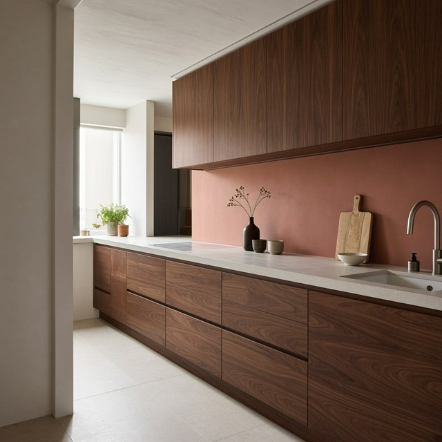 Along a galley kitchen, flat-front walnut cabinets meet pale limestone counters and a matte terracotta backsplash in restrained Scandinavian modern style; soft north-window daylight reveals the worktop from the doorway, with clean aligned lines and believable supports. — Model 5