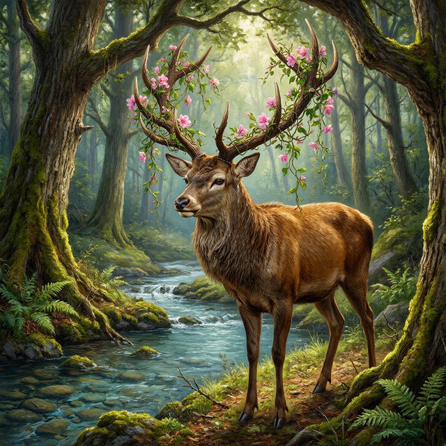 A majestic deer, its antlers intertwined with blooming vines, pauses by a crystal-clear stream in an enchanted glade. Sunlight filters through the canopy, dappling the forest floor. This is an oil painting with a rich, textured surface, capturing the dreamlike atmosphere of the scene. — Qwen Image 3.0 Pro