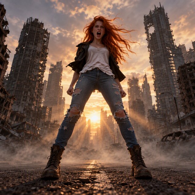 Fantasy fashion mood establishing image of a young woman on an endless street in a pose. Shot on a full-frame camera with an ultra-wide lens at f/2.0, from a very low perspective with a big up-tilt. The woman is centered in the mid-lower third of the frame. Woman: 22 years old, fair skin with slight freckles on her cheeks and nose, orange, messy, very long hair flying in the wind. Dressed in a pair of ripped blue slim jeans, a white baggy tank top, and a black short-waisted jacket moving in the wind; on her feet, you see a pair of old brown leather army boots. Background: an endless street in a post-apocalyptic metropolitan city with huge, destroyed high-rise buildings. There is a slight static fog in the air that is only moving at the woman's feet. Lighting: sunset, with the sun directly behind the woman, creating sunbeams crossing the fog and a soft, warm rim light on her body and flying hair. Pose: the woman is in a full-frontal, wide stance with her feet shoulder-width apart, screaming angrily at what's coming. — Model 3