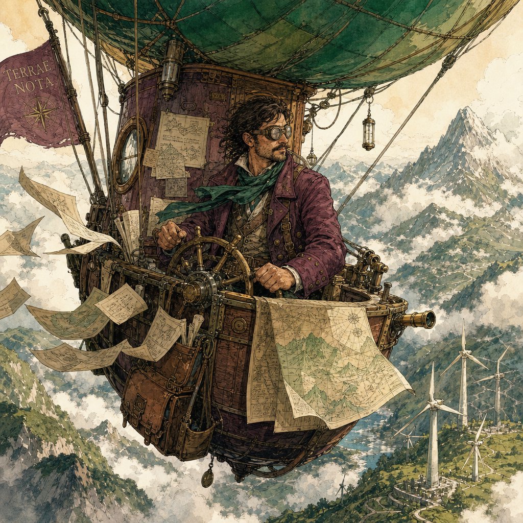 Ink-and-gouache illustration of an adult cartographer steering a small airship above a cloud-filled mountain valley, maps fluttering from the cabin and wind turbines turning below. Palette of emerald, ochre, plum, and cream, with lively linework and atmospheric washes. — GPT Image 2
