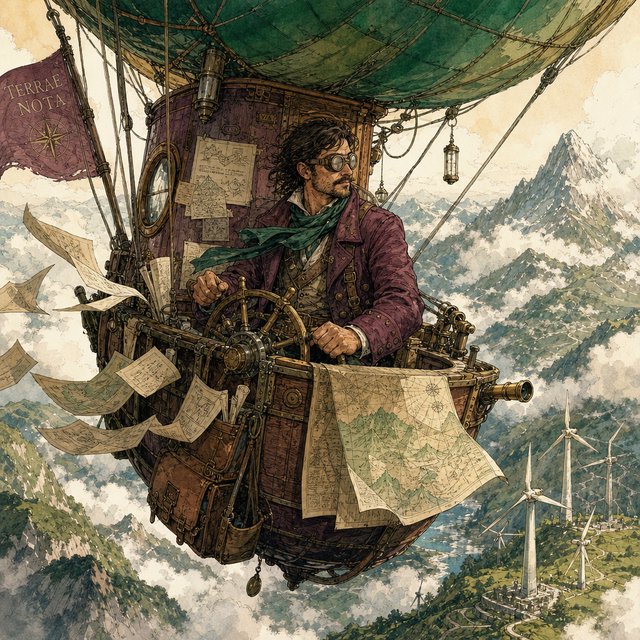Ink-and-gouache illustration of an adult cartographer steering a small airship above a cloud-filled mountain valley, maps fluttering from the cabin and wind turbines turning below. Palette of emerald, ochre, plum, and cream, with lively linework and atmospheric washes. — GPT Image 2