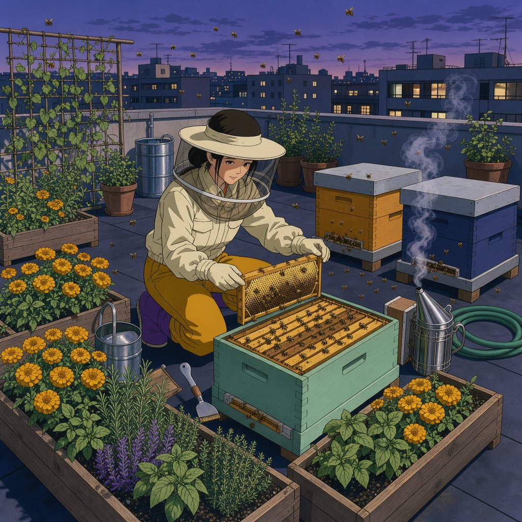 Cel-shaded anime illustration of an adult rooftop beekeeper tending lively hives among marigolds and herbs at dusk, with bees drifting past distant windows. Palette of saffron, violet, mint, and midnight blue, crisp contours and gentle gradients. — FLUX 3 Image