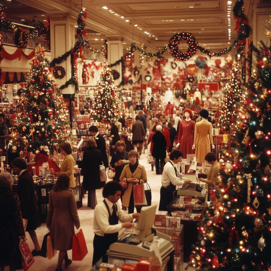 A UK department store in the 1970s at Christmas time. The lighting and decor will be very festive, with staff members dressed in festive outfits. — Krea 2 Large