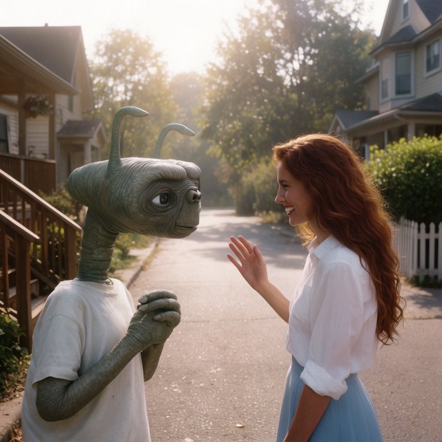 Alien monster walking down the street, greeting a beautiful woman walking toward him down the street on a lovely sunny day! — Krea 2 Large