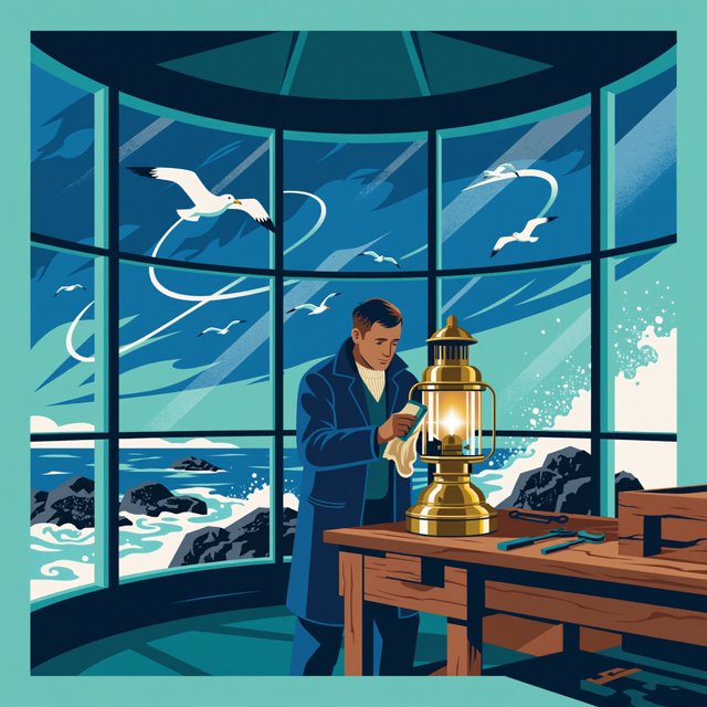 Flat-vector illustration of an adult lighthouse keeper polishing a brass lantern in a windswept tower, gulls circling beyond the glass and foam tracing black rocks below. Palette of sea-glass green, cream, vermilion, and navy. — ImagineArt 2