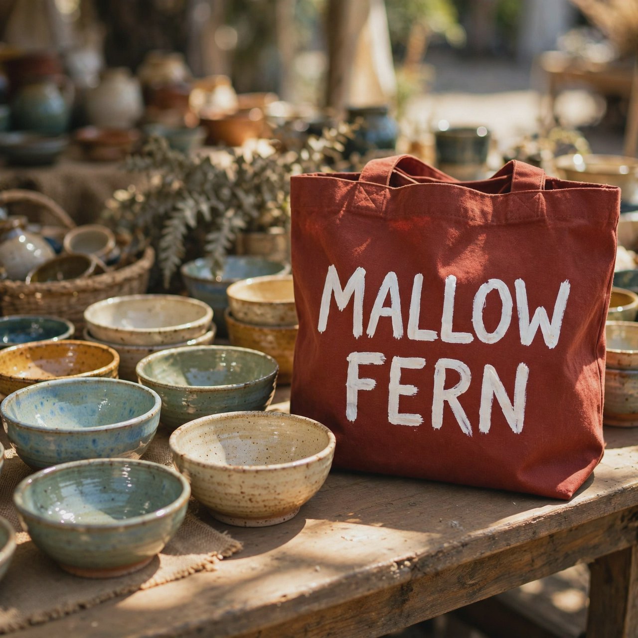 Sunlight pools over a pottery market table, where a rust-red canvas tote rests beside glazed bowls; "MALLOW FERN" is hand-painted in chunky white letters on its front, with no other legible writing. — Muse Image 1.0