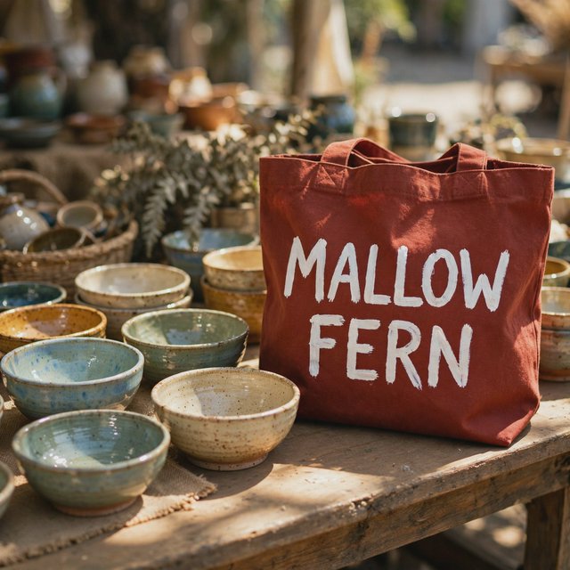 Sunlight pools over a pottery market table, where a rust-red canvas tote rests beside glazed bowls; "MALLOW FERN" is hand-painted in chunky white letters on its front, with no other legible writing. — Model 14