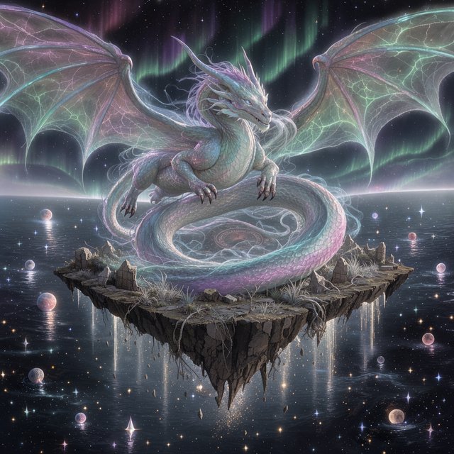 Whispers of mythic power coalesce into a spectral dragon, its form translucent and shimmering with auroral light, coiled around a floating island within a boundless celestial sea. Star-filled oceans stretch to the horizon, dotted with shimmering celestial bodies. The art style blends ethereal fantasy illustration with a subtle nod to ancient mythology, focusing on flowing lines and soft, glowing colors. The atmosphere is one of profound mystery and ancient magic. — FLUX 3 Image Klein