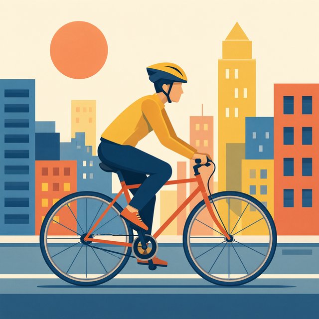 Flat vector illustration of a cyclist commuting through a city at sunrise, limited palette of five colours, geometric shapes. — Qwen Image 3.0 Pro