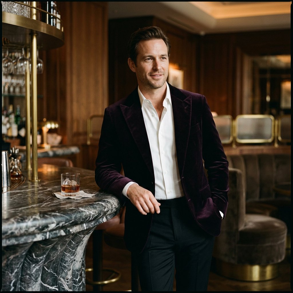 Editorial glamour photograph of an adult man in a midnight-plum dinner jacket and black trousers, standing naturally beside a sculptural marble bar in a quiet hotel lounge, flattering amber light, easy smile, polished editorial elegance. — Nano Banana 2.1