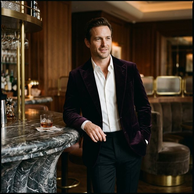 Editorial glamour photograph of an adult man in a midnight-plum dinner jacket and black trousers, standing naturally beside a sculptural marble bar in a quiet hotel lounge, flattering amber light, easy smile, polished editorial elegance. — Nano Banana 2.1