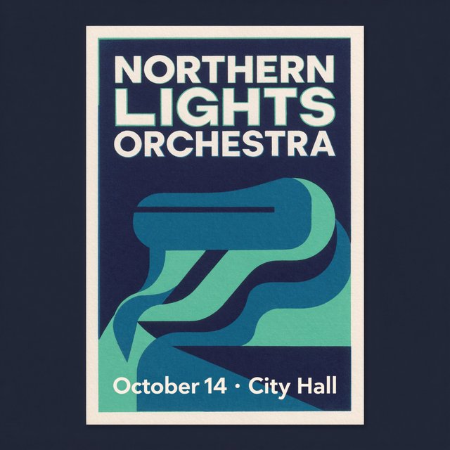 A minimalist concert poster with the words "NORTHERN LIGHTS ORCHESTRA" large at the top and "October 14 · City Hall" small at the bottom, two-colour print. — ImagineArt 2