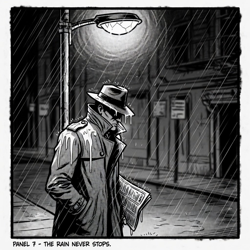 Comic panel of a detective in a trench coat under a streetlamp in the rain, bold ink, halftone shading, no speech bubbles. — Grok Imagine Image Quality