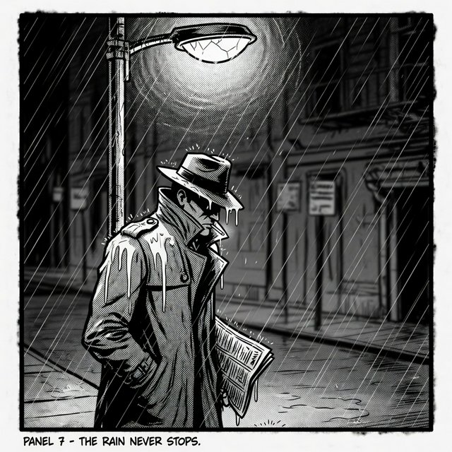 Comic panel of a detective in a trench coat under a streetlamp in the rain, bold ink, halftone shading, no speech bubbles. — Grok Imagine Image Quality