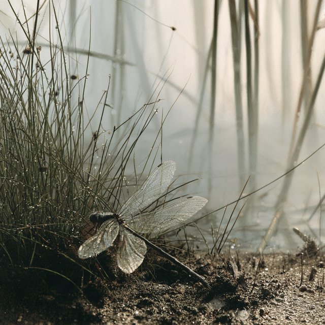 On a peaty marsh edge, a dragonfly rests among sedges after a light morning shower; dew beads on its veined wings and granular mud, while reed stems soften into pale fog behind it. — Midjourney V8.2