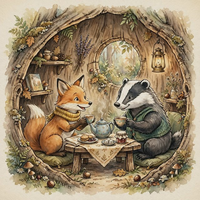 Children's book illustration of a fox and a badger sharing tea in a hollow tree, watercolour and ink, warm and gentle. — Muse Image 1.0