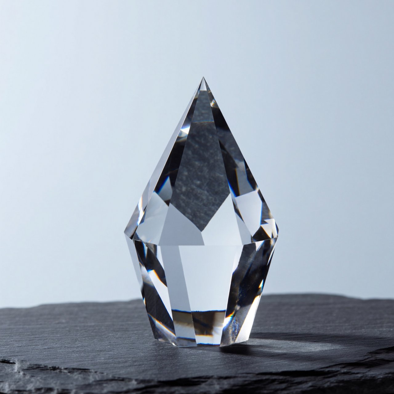 An unbranded, unmarked faceted optical-glass paperweight rests on charcoal slate against a pale blue-gray background; broad diffused studio light and a narrow side highlight reveal crisp internal refractions and bright edge reflections. — ImagineArt 2
