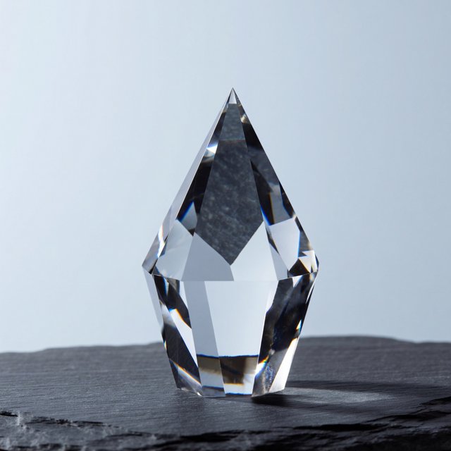 An unbranded, unmarked faceted optical-glass paperweight rests on charcoal slate against a pale blue-gray background; broad diffused studio light and a narrow side highlight reveal crisp internal refractions and bright edge reflections. — ImagineArt 2