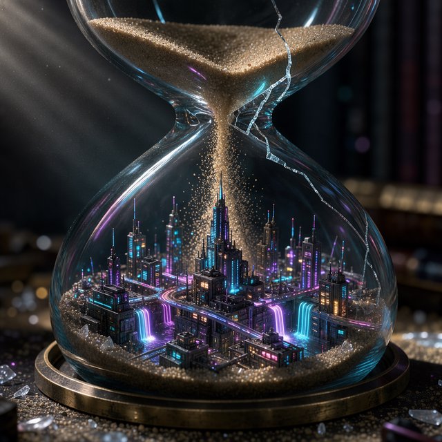 A macro close-up of a miniature glowing cyberpunk city built entirely inside a hollow cracked hourglass, tiny illuminated skyscrapers, flowing neon waterfalls, volumetric light rays piercing through sand, dark moody cinematic lighting, photorealistic depth of field — FLUX 3 Image