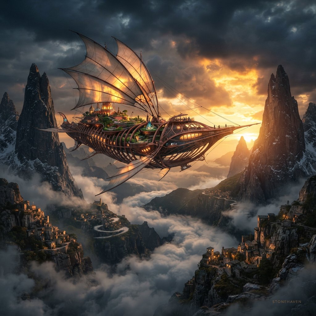 A vast, whale-shaped sky barge sails between mountain spires, its copper ribs supporting gardens and glowing sailcloth. Below, cloud rivers curl around tiny cliff villages as sunset pours through storm breaks, outlining the vessel in molten gold. — Nano Banana 2 Lite