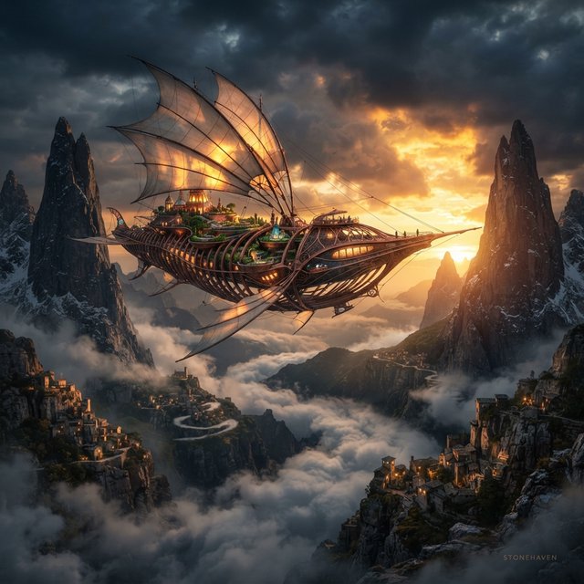 A vast, whale-shaped sky barge sails between mountain spires, its copper ribs supporting gardens and glowing sailcloth. Below, cloud rivers curl around tiny cliff villages as sunset pours through storm breaks, outlining the vessel in molten gold. — Nano Banana 2 Lite