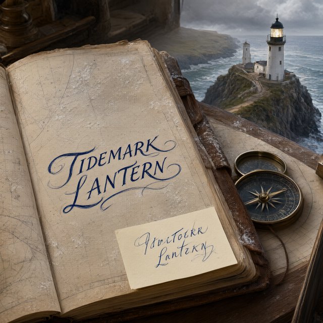 Beside a cliffside lighthouse, a salt-speckled logbook lies open on a chart table; "TIDEMARK LANTERN" is handwritten in looping dark-blue ink across a cream note tucked beneath the compass, with no other legible writing. — Qwen Image 3.0