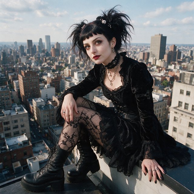 A whimsical gothic woman sitting on a ledge overlooking the city. — Seedream 5.0 Pro