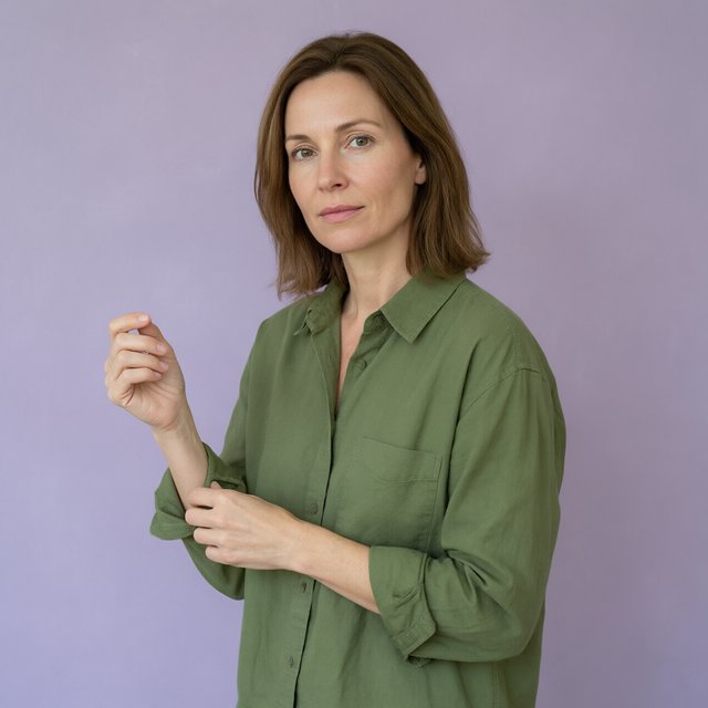 Portrait photograph of an adult woman in her late 30s wearing a moss-green cotton poplin shirt, fingers lightly turning its rolled cuff. Her calm, observant expression faces the camera against a chalky lavender backdrop, lit by soft diffused skylight. — Qwen Image 3.0