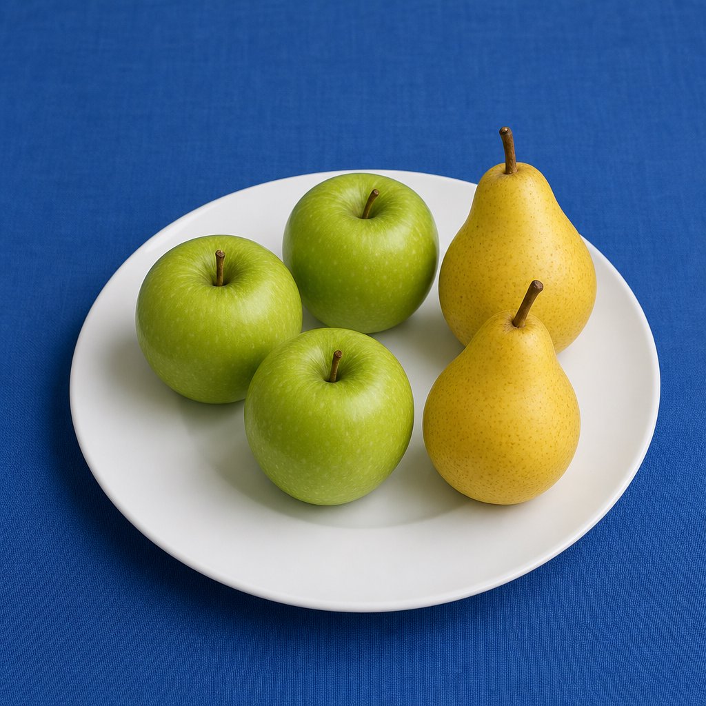 Exactly three green apples and two yellow pears on a white plate, the plate on a blue tablecloth, nothing else on the table. — GPT Image 2