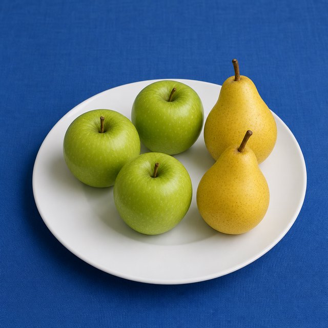 Exactly three green apples and two yellow pears on a white plate, the plate on a blue tablecloth, nothing else on the table. — GPT Image 2
