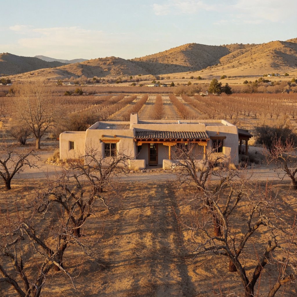Beyond dry orchard rows, a Pueblo Revival adobe house settles into the desert foothills, with timber lintels and a muted clay roof; warm late-afternoon light, viewed from a rocky rise, reveals clean geometry and credible construction. — Krea 2 Medium