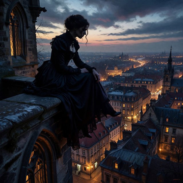 A whimsical gothic woman sitting on a ledge overlooking the city. — ImagineArt 1.5 Pro