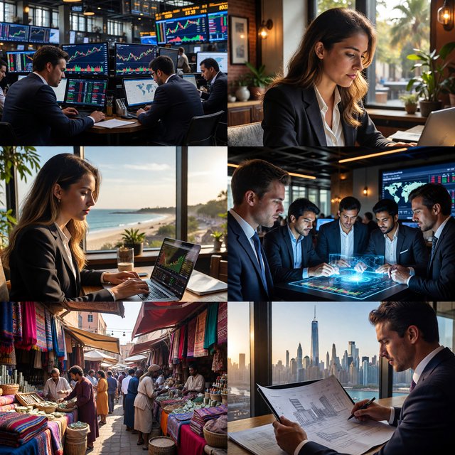 An image about people making a lot of money around the world, shown in 4–6 scenes. Realistic image. — ImagineArt 1.5 Pro