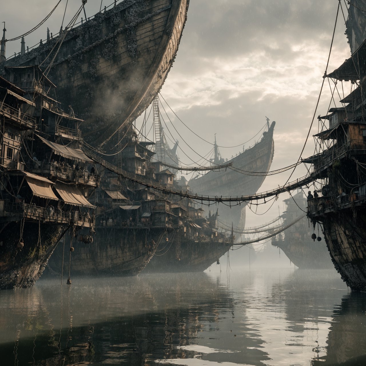 A floating market city built on the hulls of giant upturned ships, rope bridges, morning haze, wide establishing shot. — Recraft v4 Pro
