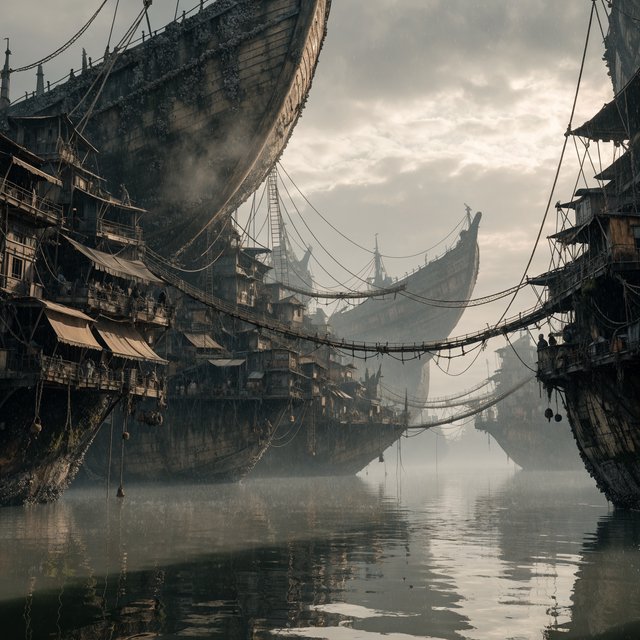 A floating market city built on the hulls of giant upturned ships, rope bridges, morning haze, wide establishing shot. — Recraft v4 Pro